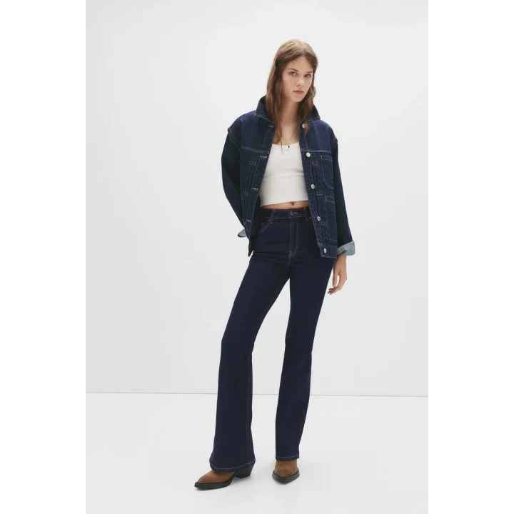 Düşük Bel İspanyol Koyu Yıkama Denim Geniş Paça Flared Jean Retro Stil