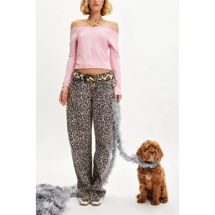 Leopar Desenli Düşük Bel Kot Pantolon