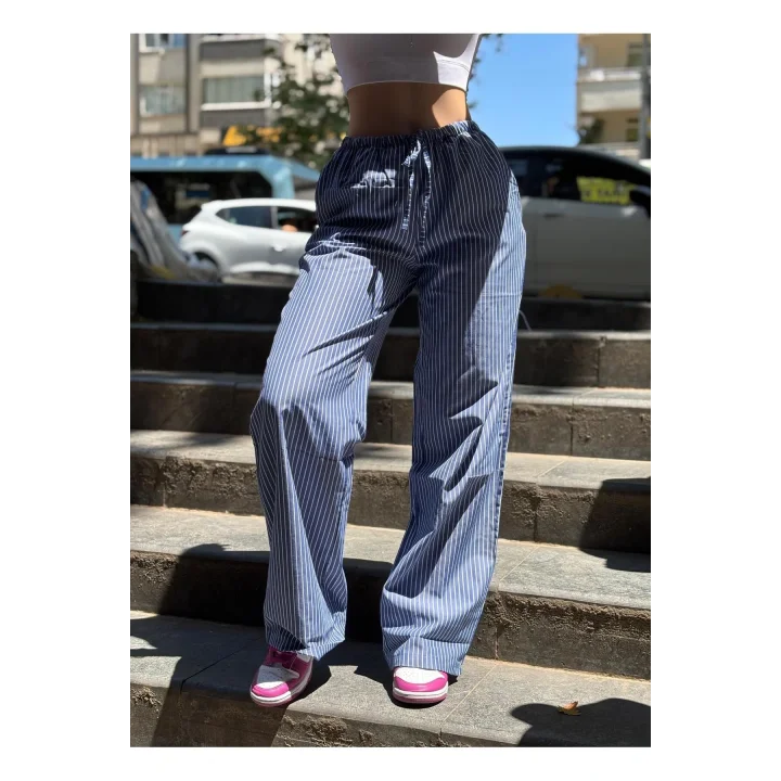 Mavi Çizgili Keten Kumaş Bağcıklı Pantolon