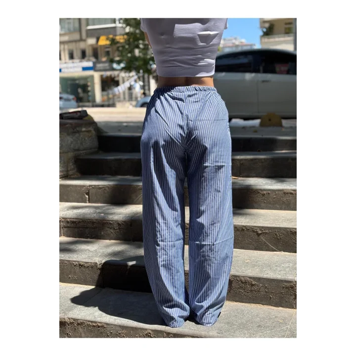 Mavi Çizgili Keten Kumaş Bağcıklı Pantolon