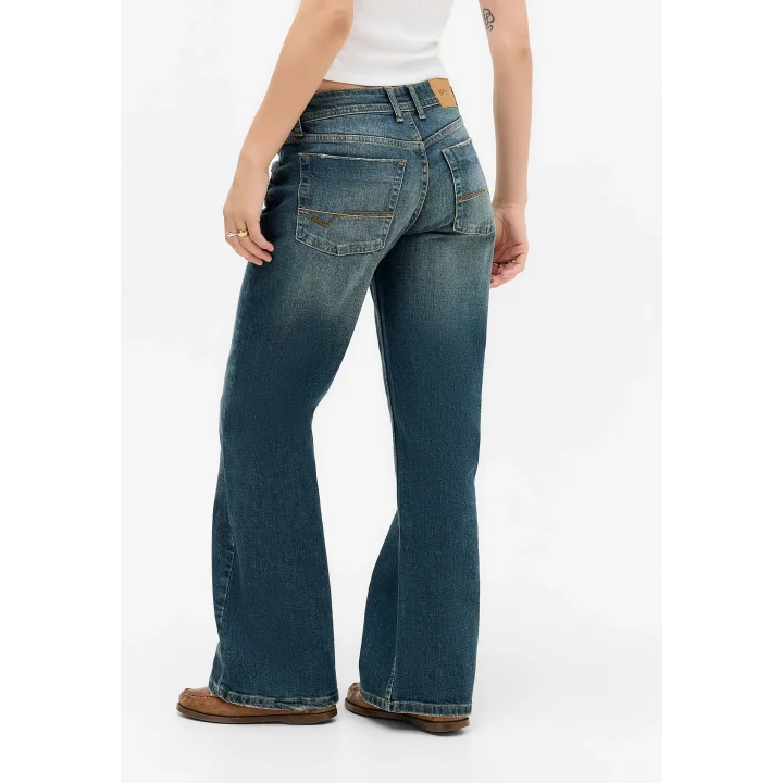 Orta Bel Rahat Kesim Flared Geniş Paça Vintage Mavi Kot Pantolon