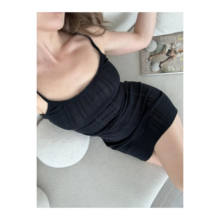 Siyah Askılı Örme Mini Elbise