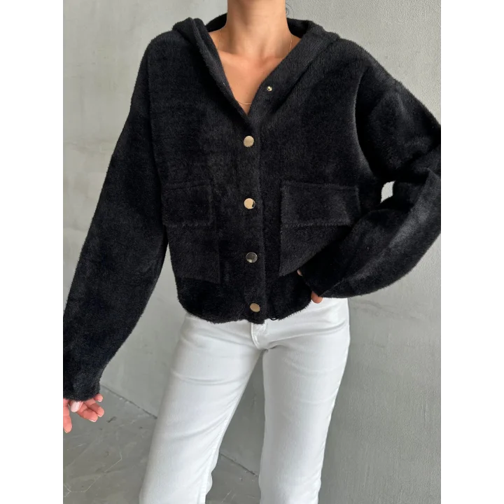 Siyah Yumoş Kapüşonlu Ceket