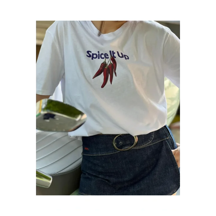 Spice It Up Oversize Beyaz Baskılı Unisex Biber Desenli T-Shirt
