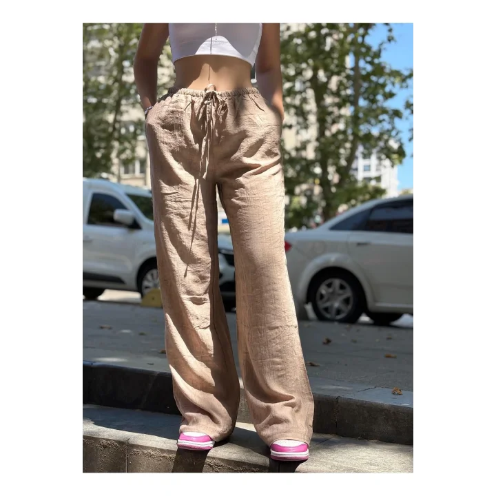 Unisex İpli Bol Paça Palazzo Yazlık Harem Cepli Kumaş Bol Paça Pantolon