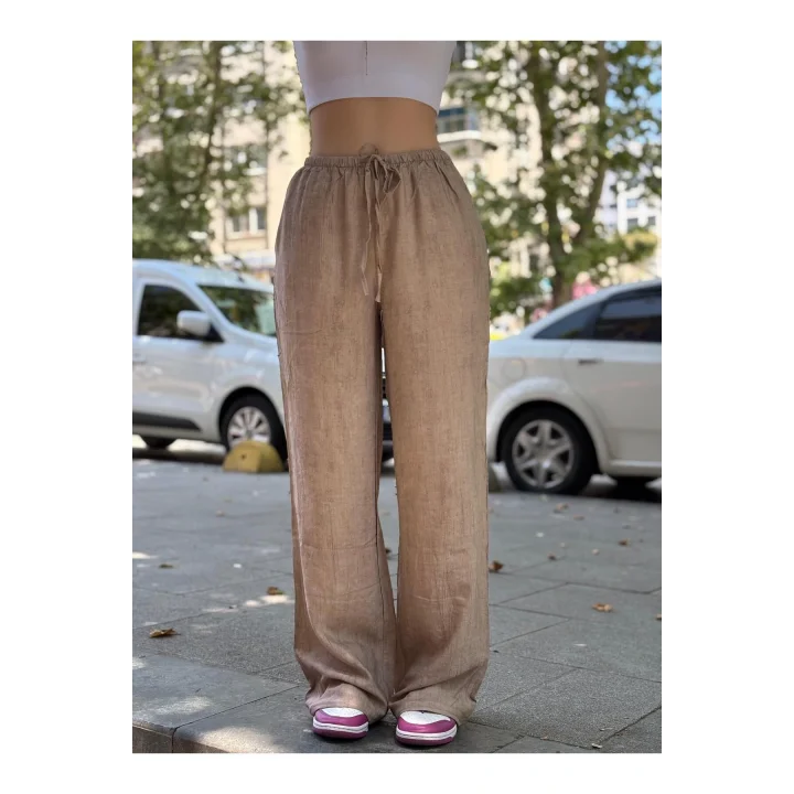 Unisex İpli Bol Paça Palazzo Yazlık Harem Cepli Kumaş Bol Paça Pantolon