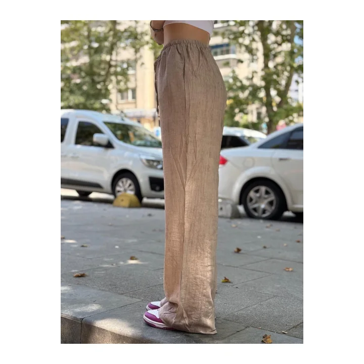 Unisex İpli Bol Paça Palazzo Yazlık Harem Cepli Kumaş Bol Paça Pantolon