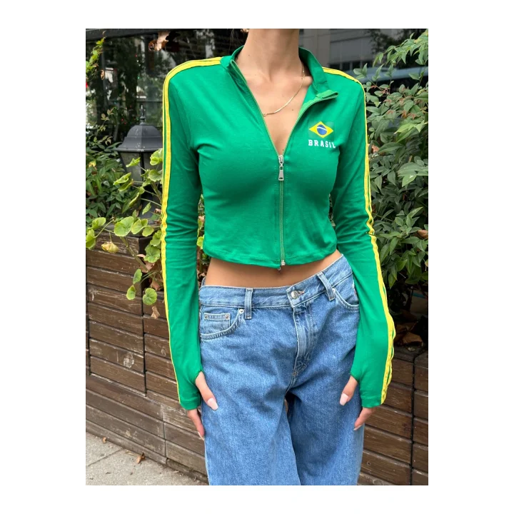 Brasil Baskılı Fermuarlı Sweatshirt