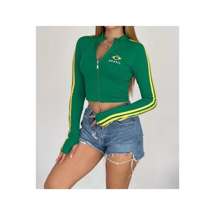Brasil Baskılı Fermuarlı Sweatshirt