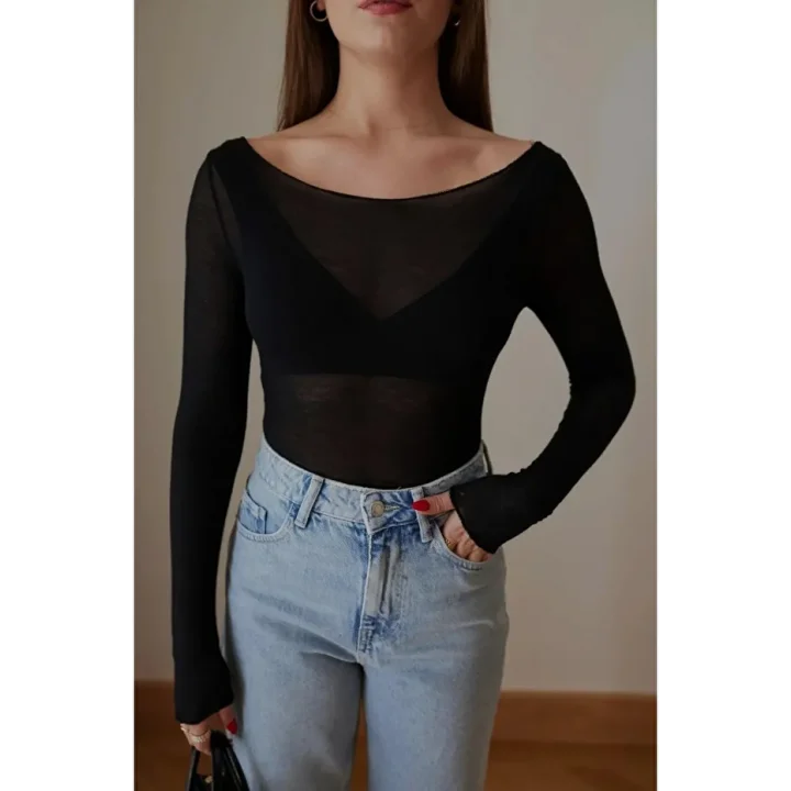 Kayık Yaka Çilek Doku Transparan Body
