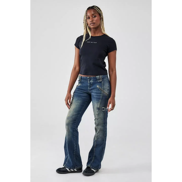 Vintage Fermuarlı ve Halkalı Wide Leg Jean Pantolon