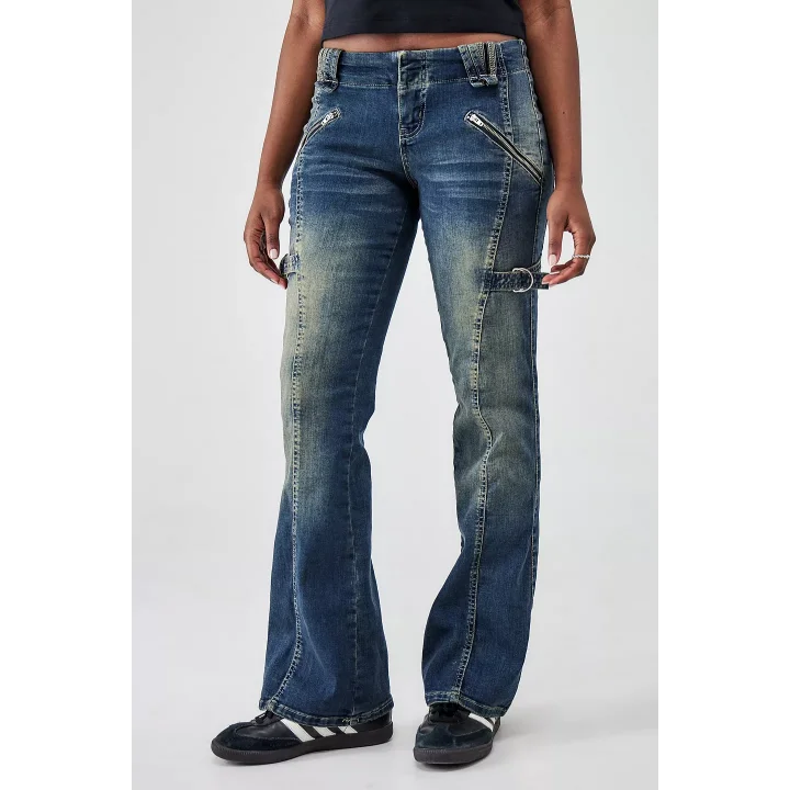 Vintage Fermuarlı ve Halkalı Wide Leg Jean Pantolon