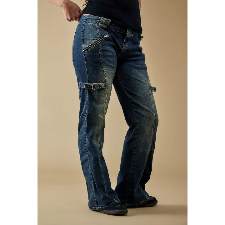 Vintage Fermuarlı ve Halkalı Wide Leg Jean Pantolon