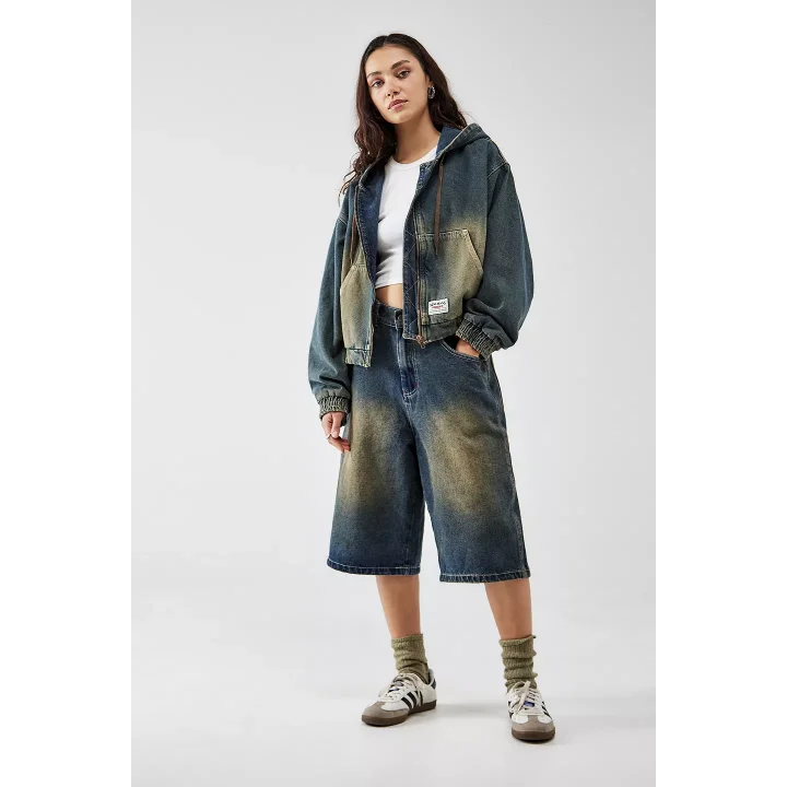 Vintage Yeşil Denim Bomber Unisex Ceket Oversize Mevsimlik Kaban