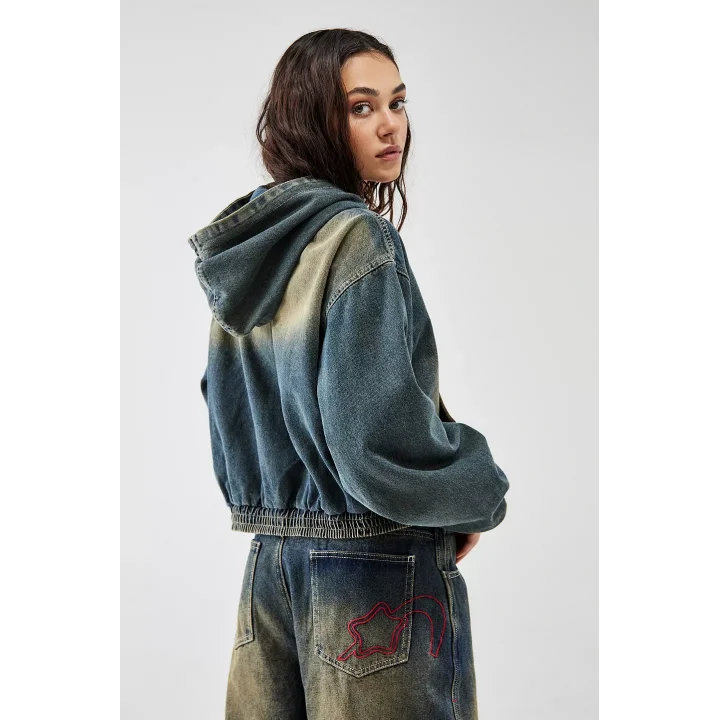 Vintage Yeşil Denim Bomber Unisex Ceket Oversize Mevsimlik Kaban