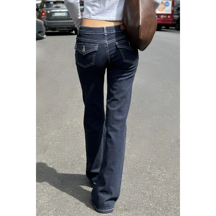 Y2K Vintage Düşük Bel İspanyol Paça Arka Cep Detaylı Jean Pantolon