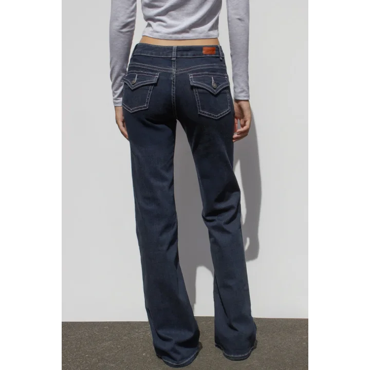 Y2K Vintage Düşük Bel İspanyol Paça Arka Cep Detaylı Jean Pantolon