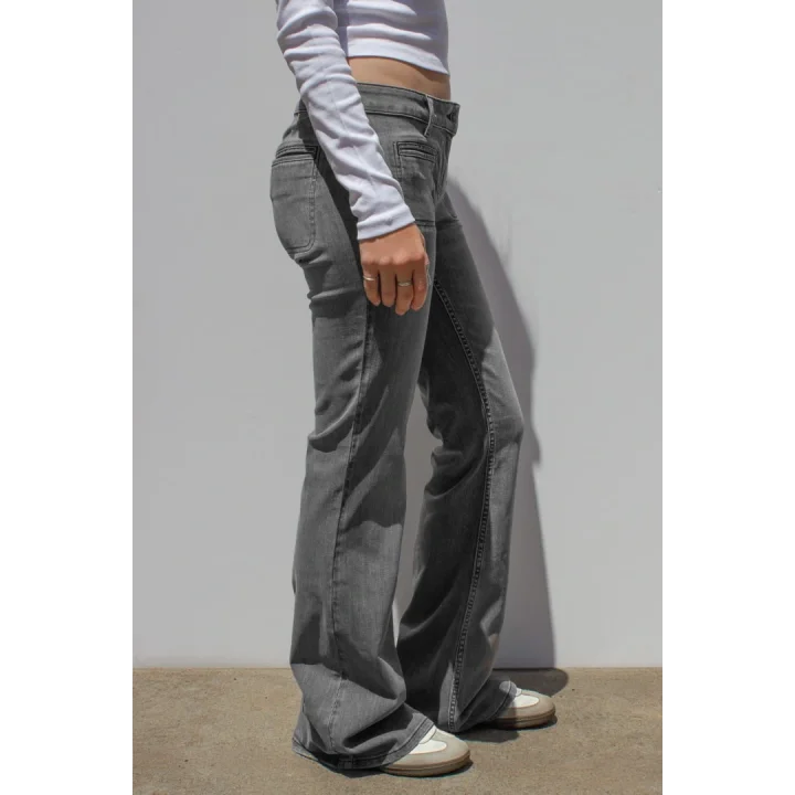 Y2K Vintage Ön Cep Detaylı Gri Düşük Bel Flared Bootcut Jean