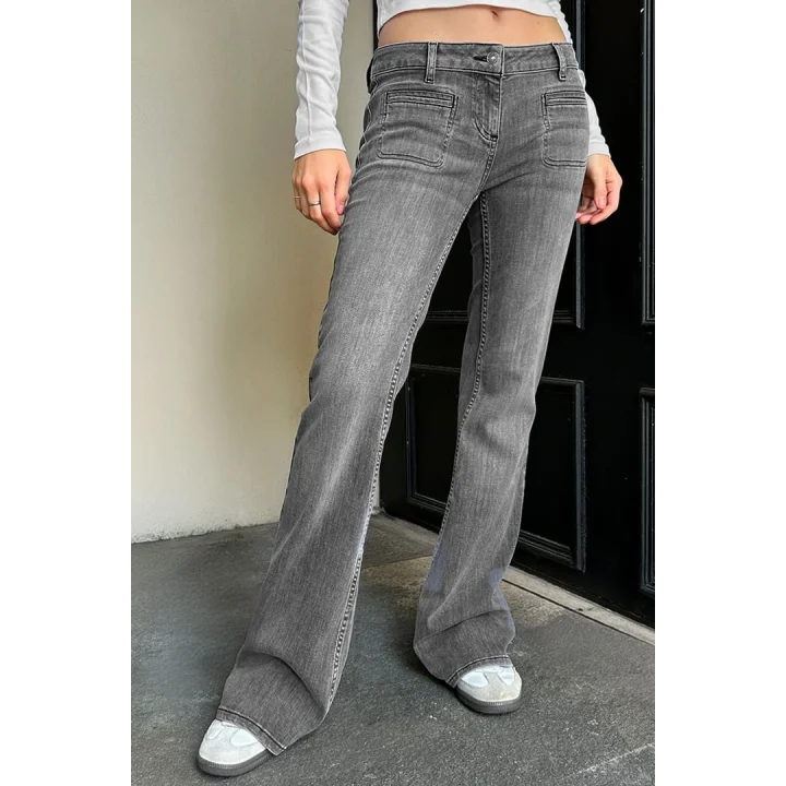 Y2K Vintage Ön Cep Detaylı Gri Düşük Bel Flared Bootcut Jean