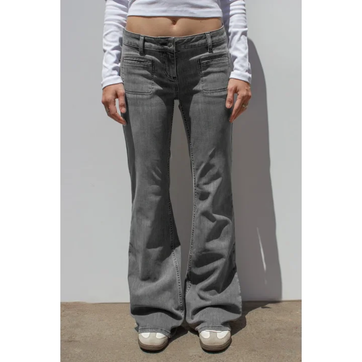 Y2K Vintage Ön Cep Detaylı Gri Düşük Bel Flared Bootcut Jean
