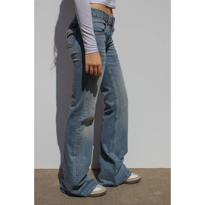 Y2K Vintage Retro Eskitme Süper Arka Cepli Düşük Bel İspanyol Paça Jean
