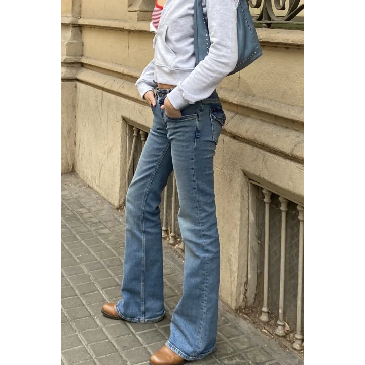 Y2K Vintage Retro Eskitme Süper Arka Cepli Düşük Bel İspanyol Paça Jean
