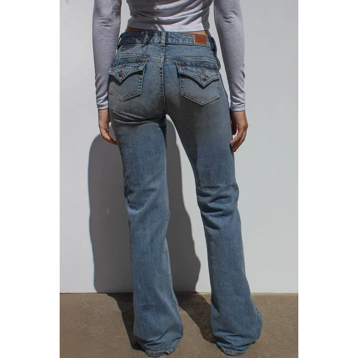 Y2K Vintage Retro Eskitme Süper Arka Cepli Düşük Bel İspanyol Paça Jean