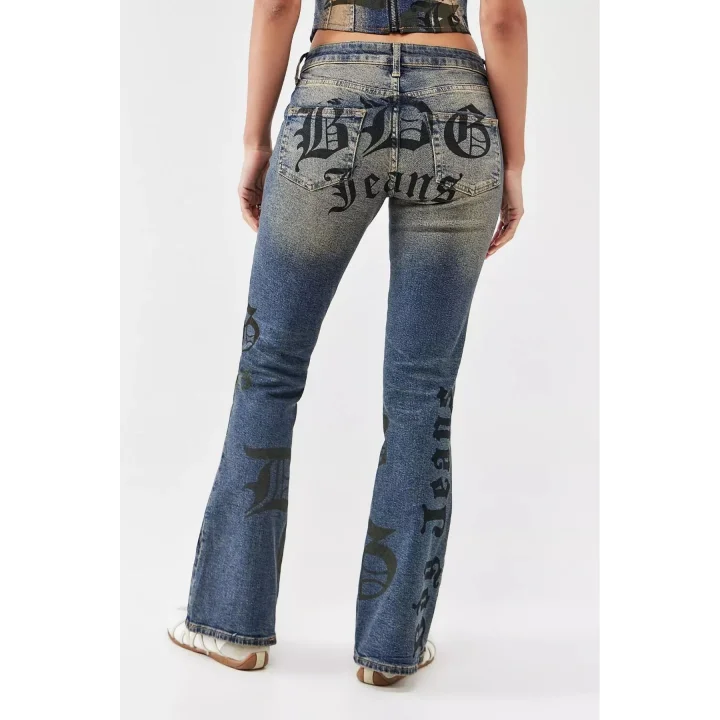 Yazılı Eskitme Bootcut Flare Jean