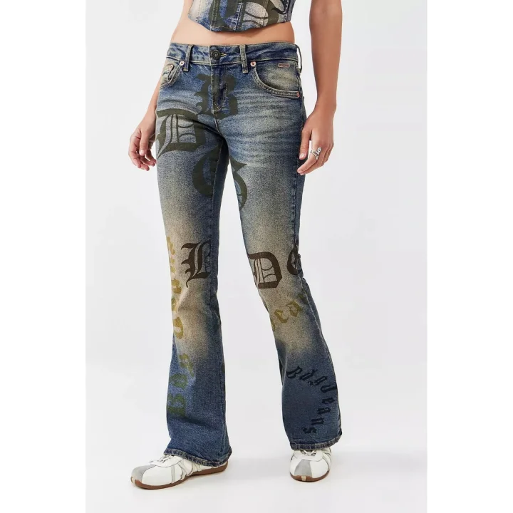 Yazılı Eskitme Bootcut Flare Jean