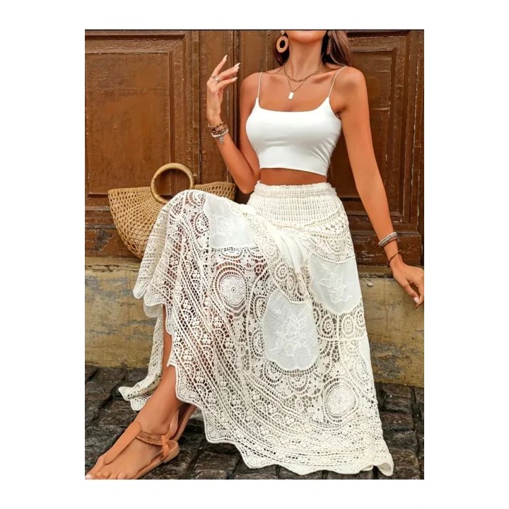 Yüksek Bel Astarlı Güpür Vintage Bohem Tarz Dantel İşlemeli İtalyan Maxi Beyaz Uzun Etek