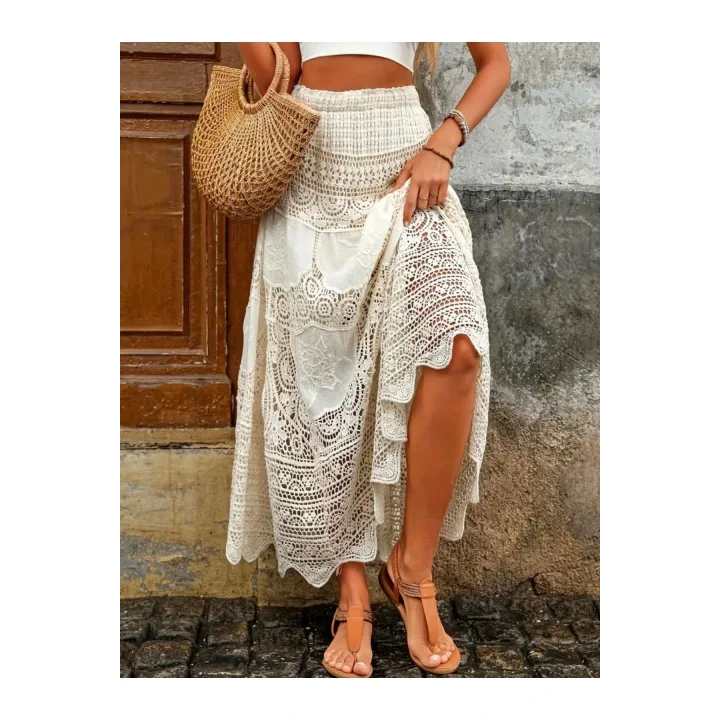 Yüksek Bel Astarlı Güpür Vintage Bohem Tarz Dantel İşlemeli İtalyan Maxi Beyaz Uzun Etek