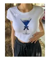 y2k Mavi Kadeh Baskılı Crop Top