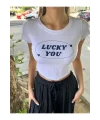 y2k Lucky You Baskılı Crop Top