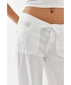 Kadın Beyaz Cepli Düz Kesim Keten Pantolon