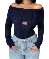 Lacivert Kayık Yaka Uzun Kollu, Rahat Fit Omzu Açık Kadın Crop Kazak