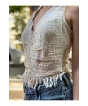 Boyundan Bağlamalı Püsküllü Keten-Pamuk Crop Bluz – Ekru