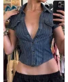 Çizgili Denim Kısa Kollu Gömlek Korse Top