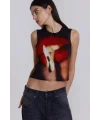 Baskılı Alev Desenli Saten Görünümlü Yırtmaçlı Crop Atlet