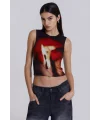Baskılı Alev Desenli Saten Görünümlü Yırtmaçlı Crop Atlet