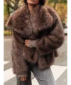 Kadın Acı Kahve Oversize Suni Kürk Ceket Yumuşak Dokulu, Astarlı, Kışlık Lüks Görünümlü Peluş Kürk