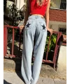 Kadın Açık Mavi Denim Jean Yıldız Detaylı Premium Wide Leg Star Pantolon