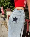 Kadın Açık Mavi Denim Jean Yıldız Detaylı Premium Wide Leg Star Pantolon