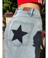 Kadın Açık Mavi Denim Jean Yıldız Detaylı Premium Wide Leg Star Pantolon