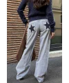 Kadın Açık Mavi Denim Jean Yıldız Detaylı Premium Wide Leg Star Pantolon