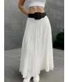 Kadın Beyaz Kırışık Dokulu Yüksek Bel Uzun Pileli Etek