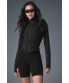 Kadın Siyah Korse Formlu Airbrush Etkili Tam Fermuarlı Atletik Fit Destekli Spor Ceket