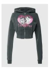 Retro Kedili Fermuarlı Crop Sweatshirt