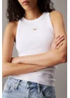 CKL Streç Slim Fit Bisiklet Yaka Body Beyaz Ribanalı Halter Yaka Crop Top