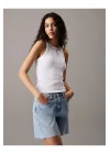 CKL Streç Slim Fit Bisiklet Yaka Body Beyaz Ribanalı Halter Yaka Crop Top