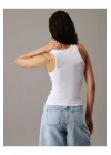 CKL Streç Slim Fit Bisiklet Yaka Body Beyaz Ribanalı Halter Yaka Crop Top